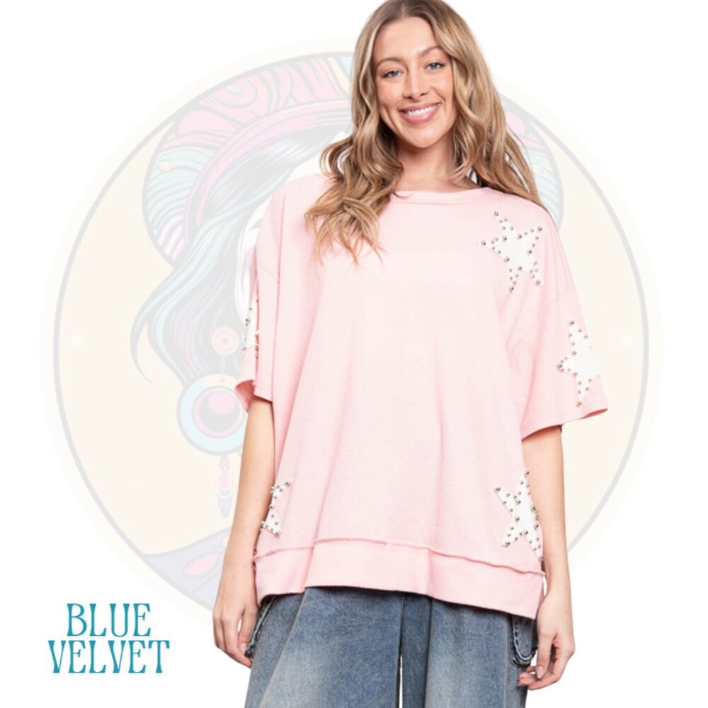 8V BLUE VELVET Super Soft Studded Star Patch Tee in Pink